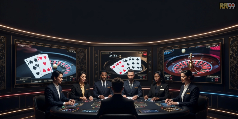 Hình minh họa khái niệm casino live house 69vn với dealer và bàn chơi chuyên nghiệp