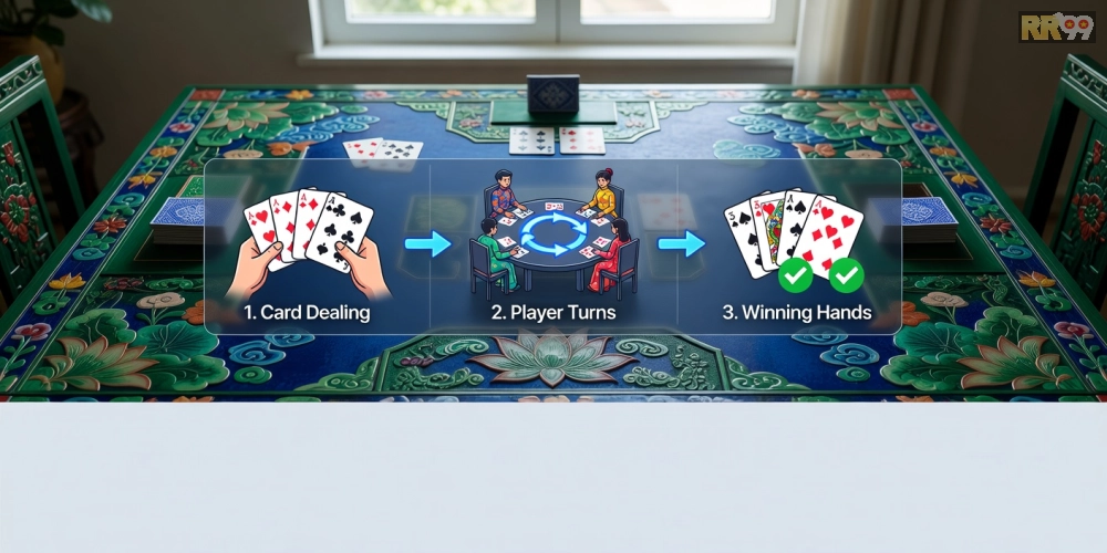 Hình ảnh hướng dẫn chơi game bài tiến lên với các bước cơ bản và giao diện nền tảng 69vn.