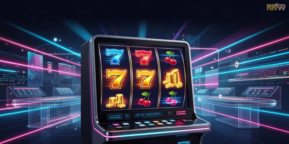 Minh họa khái niệm quay nổ hũ 69vn với hình ảnh slot machine hiện đại và jackpot sáng rực